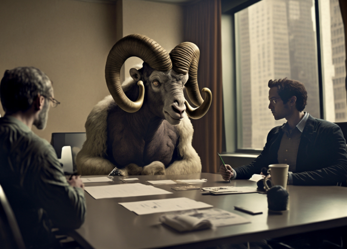an anthropomorphized Ram in a business meeting